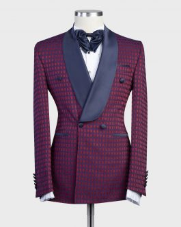 Checked Tuxedo Maroon Violet blue Suit