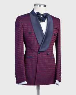 Checked Tuxedo Maroon Violet blue Suit